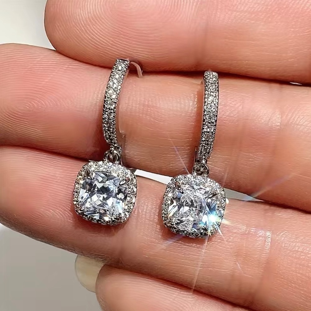 Square diamond drop dangle earrings silver plated